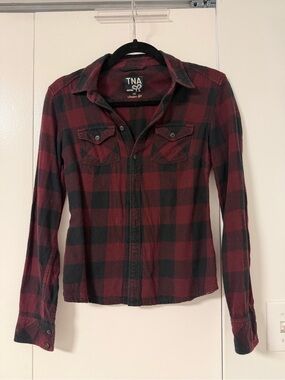 TNA Burgundy and Black Plaid Button-Front Shirt